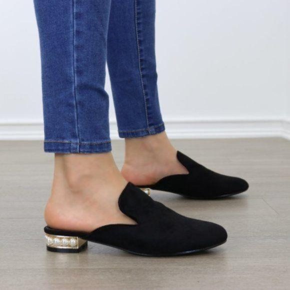 Shoes - Suede Slip On Loafer Mule Pearl Accents On Heel